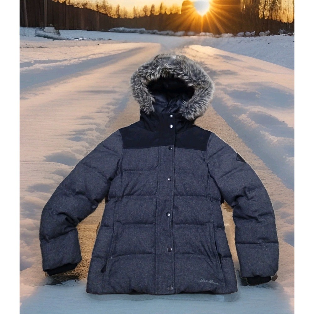 Eddie Bauer Puffer Parka Women XS Petite Gray Excellent Faux Fur‎ Hood Down Coat